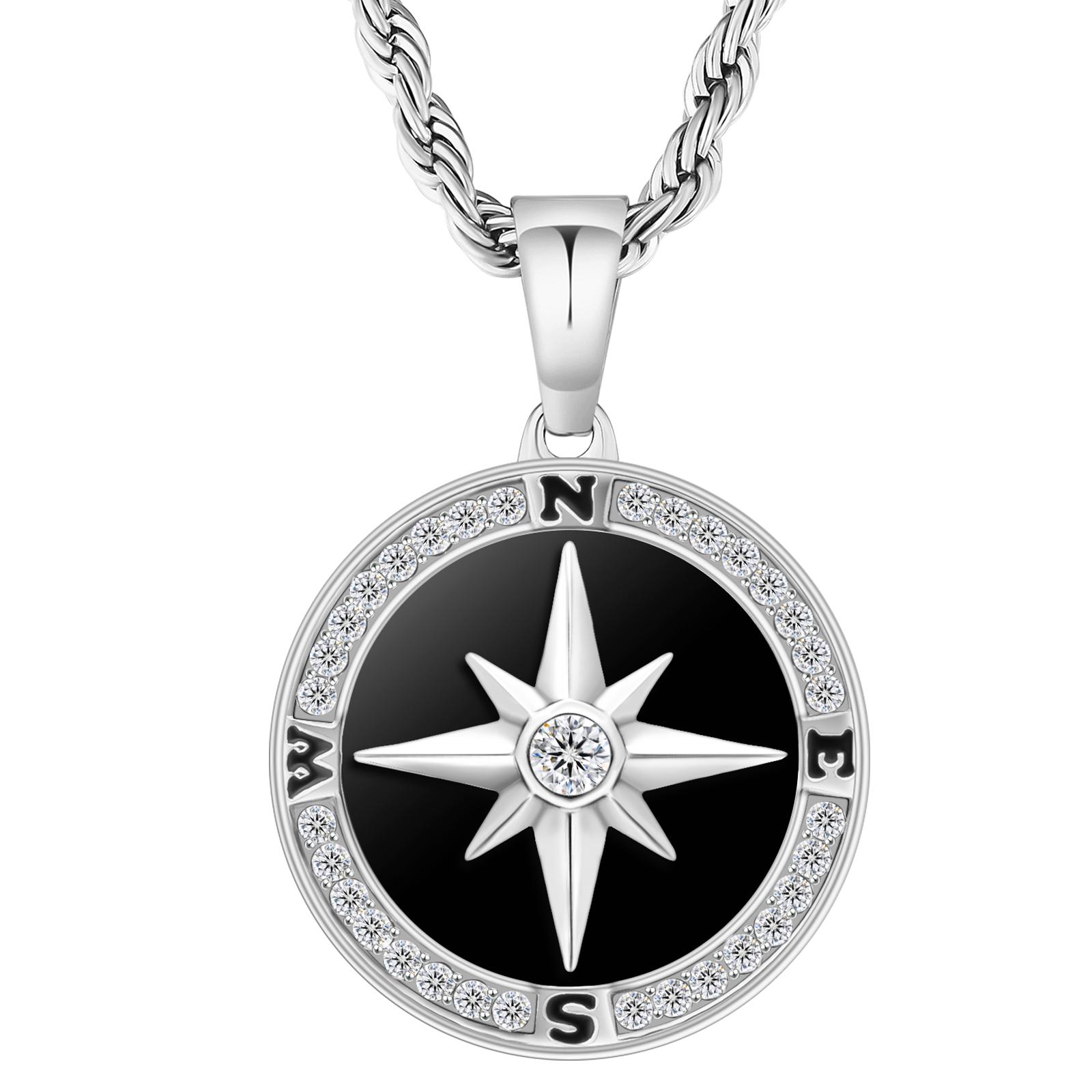 18 Karat Vergoldete Kompass Anhänger Halskette Schmuck Damen Herren Edelstahl Metall Iced Löwe Polarstern Münze Kompass Anhänger Halskette 22"&Fashion schwarz