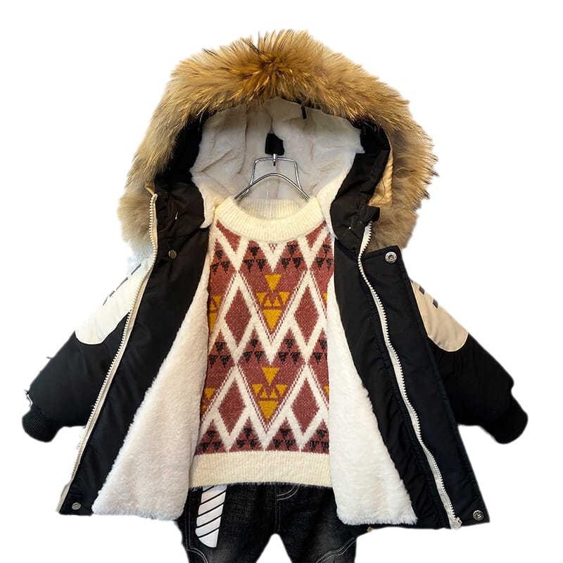 Winter Boys Coat Baby Fur Collar Hooded Velvet Thicken Warm Jacket Children's Boy
