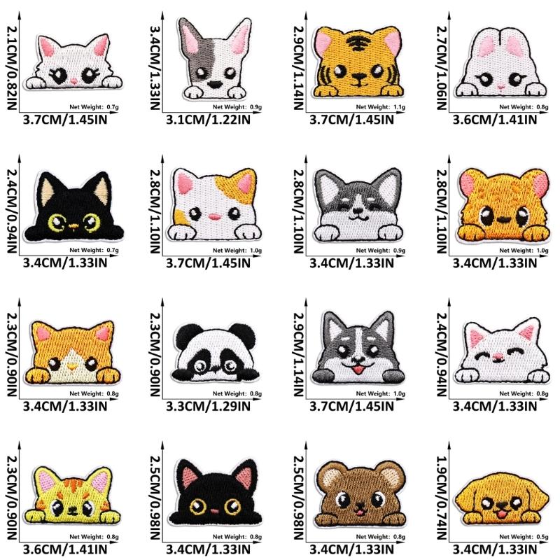 Easy Adhesive Animal Face Patches, 16Pieces Embroidery Applique Set for Clothes Bags Hat and Cushions, Quick Fabric Decoration Use