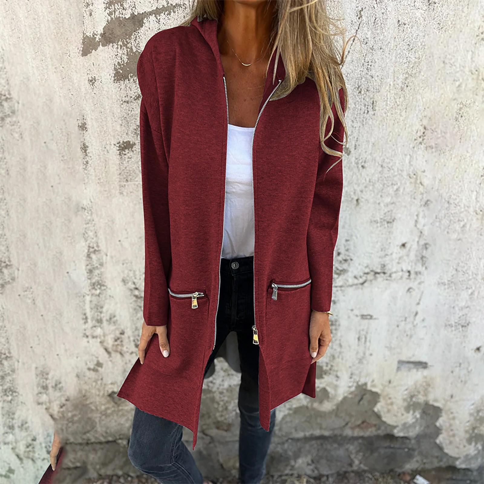 

Длинный рукав женский однотонный топ с капюшоном легкая куртка пальто зима и осень XL винный