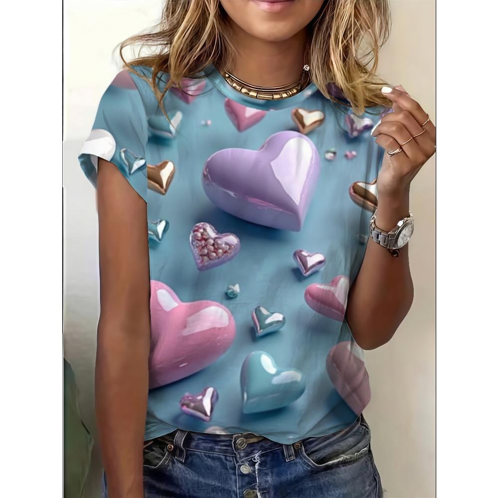 Women s loose round neck T-shirt, soft blue base with playful glossy heart print XXS