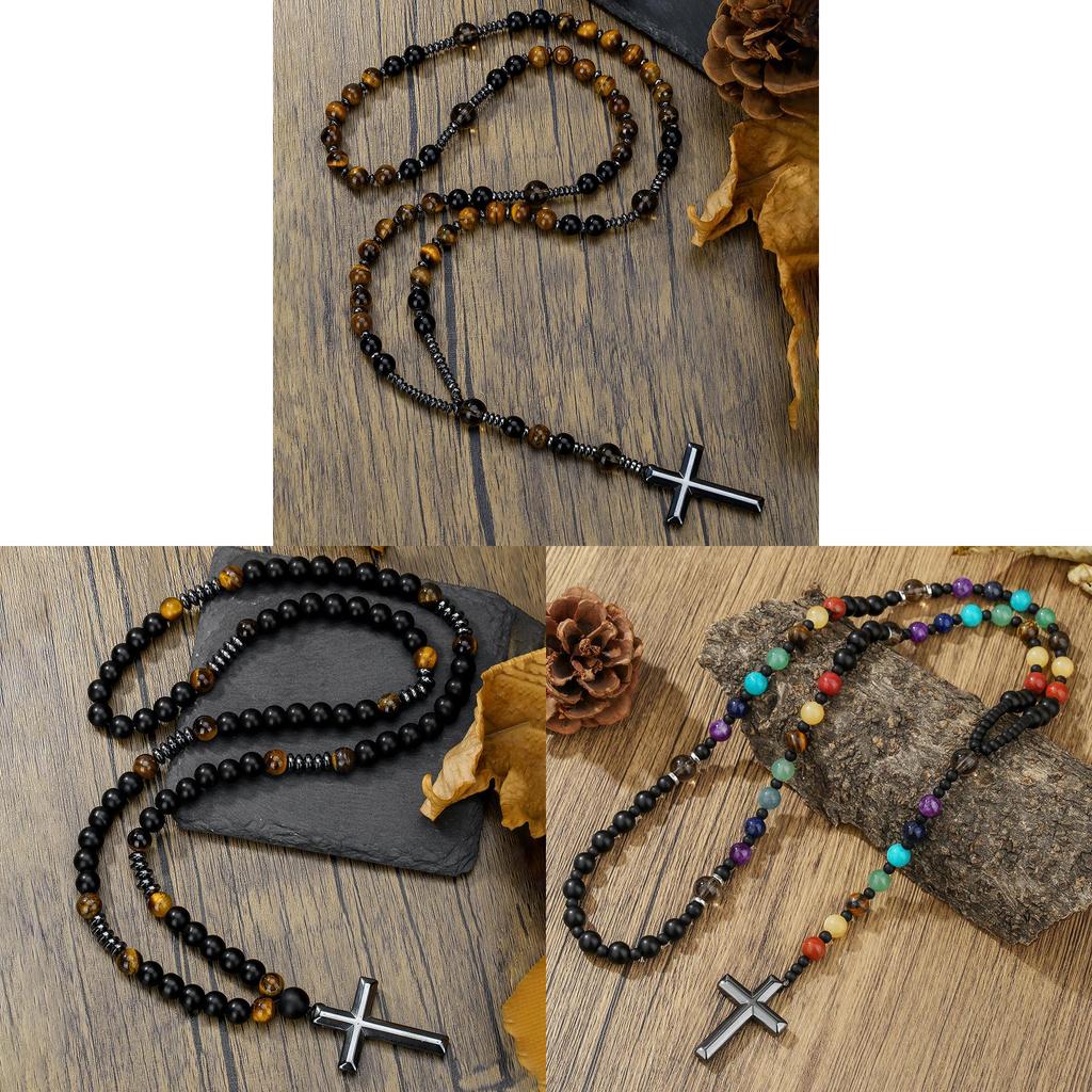 Collana con Croce in Ossidiana Nera Bohemienne con Catena di Perline Fatta a Mano per Uomini e Donne