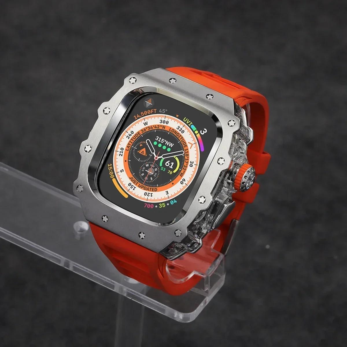 

Розкішний набір для модифікації для Apple Watch Ultra 3 49 мм 45 мм 44 мм Корпус з нержавіючої сталі для IWatch 9 8 7 6 Кришталева кнопка Спортивний ремінець For iWatch SE321 44