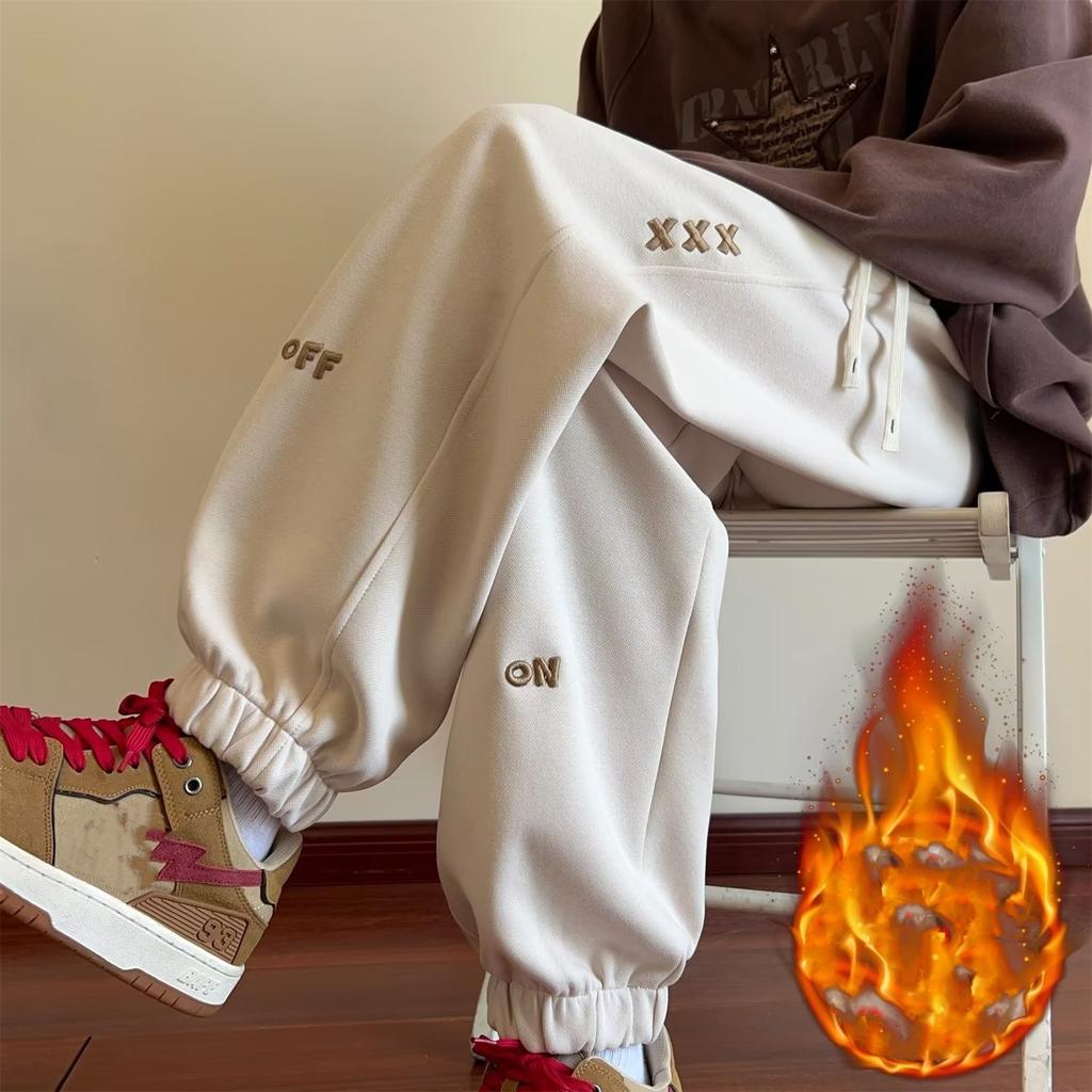 Men's Loose-Fit Fleece-Lined Sweatpants with Cuffed Legs and Embroidery for Fall/Winter