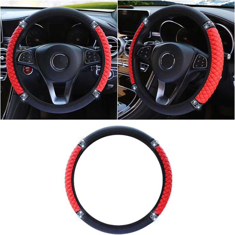Universal Car Steering Wheel Cover 37-38cm Leather Embroidered Color Diamond-Studded Elastic Four Seasons Steering Wheel Cover