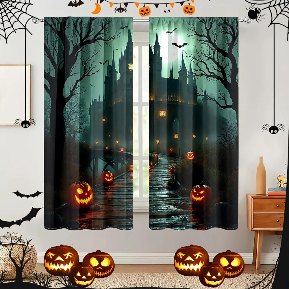 Halloween Fantasy Castle Money Tree Pumpkin Lantern Printed Curtains Home Decoration Room Curtain Set Of 2 Made Polyester Washable