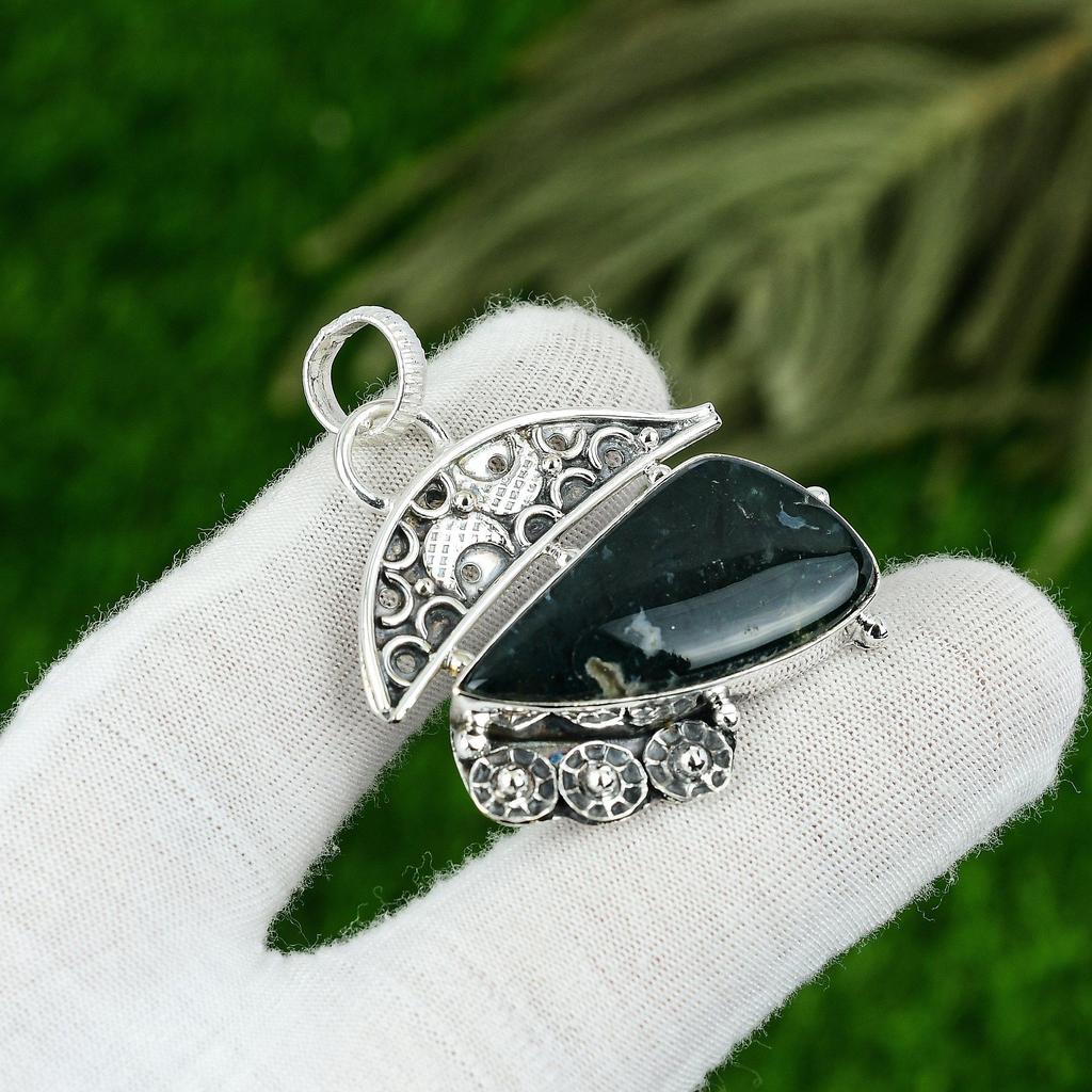 Solarer Moosachat Edelstein 925 Silber Trendiger Lünetten Frau Art Deco Anhänger Schmuck