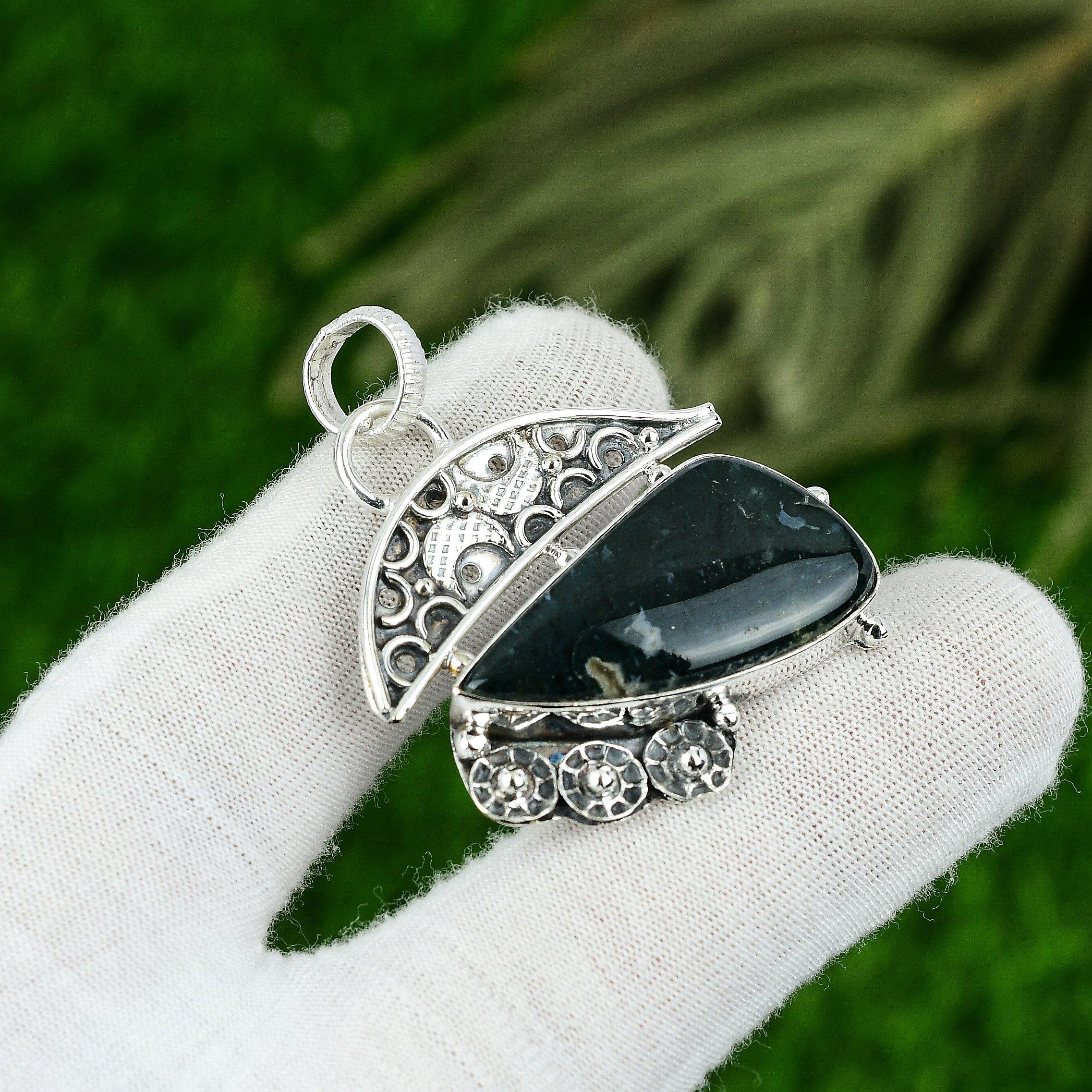 

Solar Moss Agate Gemstone 925 Silver Trendy Bezel Wife Art Deco Pendant Jewelry
