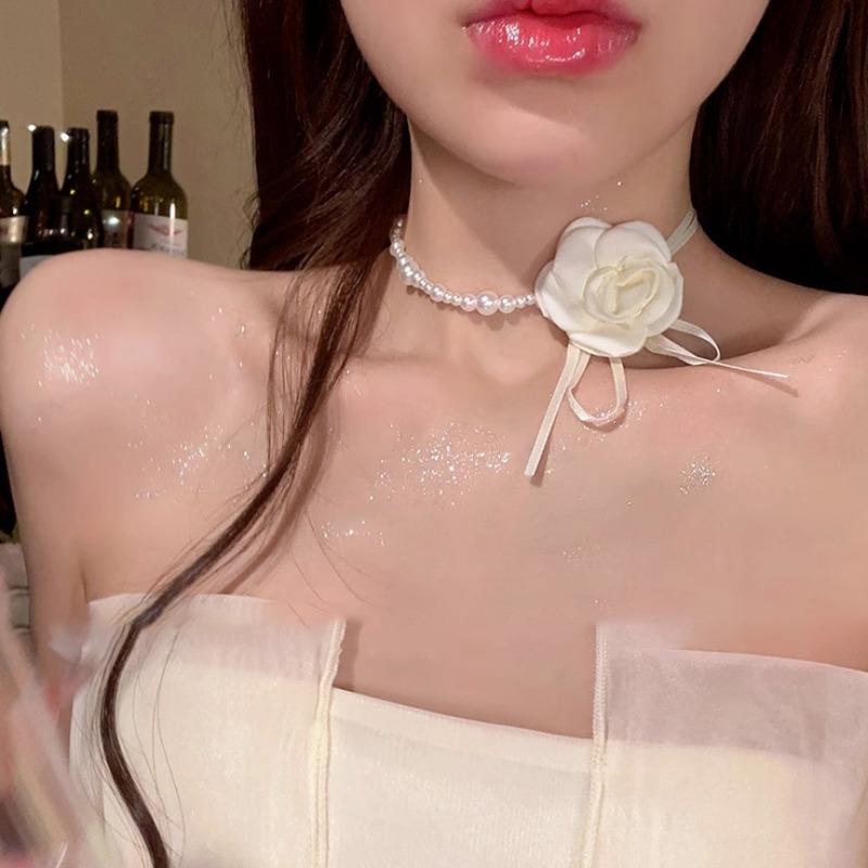 Camellia Flower Pearl Collar Necklace Women's Neckband Pendant Lockbone Chain Binding Strap Necktie Flower Accessory