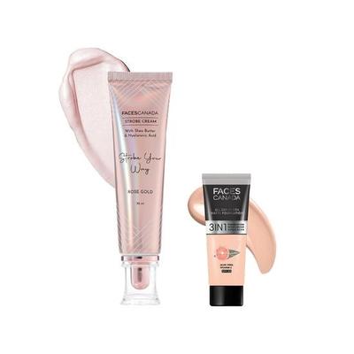 FACESCANADA Rose Glow Kit | Roségoldene Strobe-Creme (30ml) + Rose Ivory All Day Hydra Matte Mini Foundation mit mittlerer Deckkraft (15Ml)