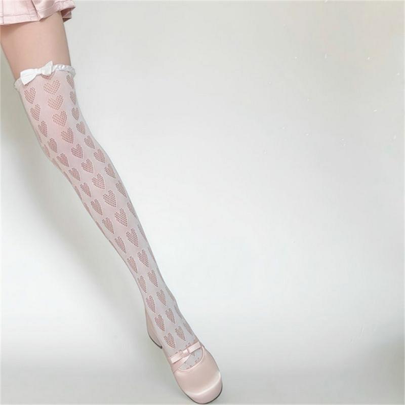 Women's Mesh Lace Long Stockings with Romantics Heart Detail And Ruffle Trim Bows Accent For Daily Wear Party Outfits