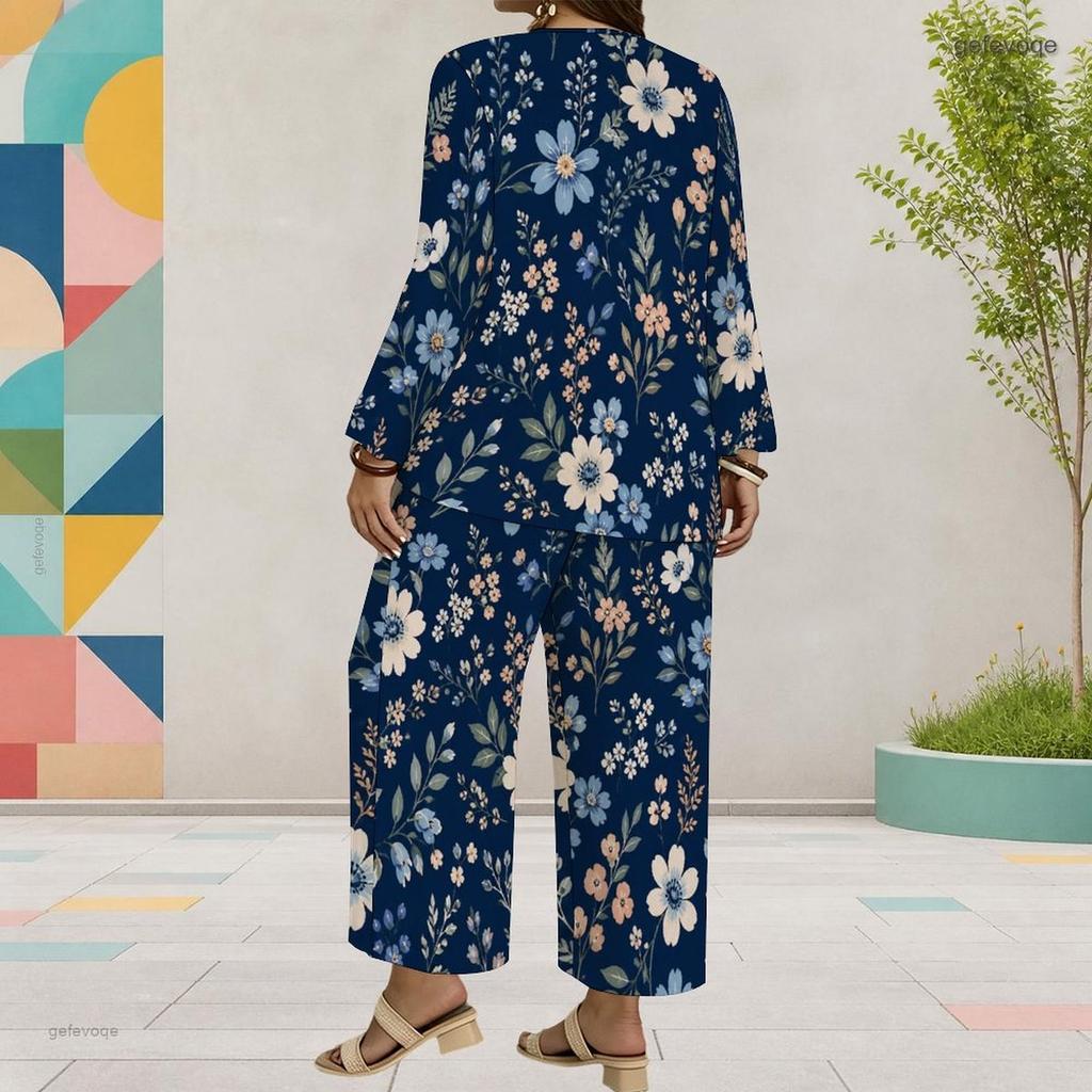 Women Plus Size Navy Blue Floral Printed Two Piece Set Round Neck Long Sleeve Layered Top Wide Leg Cropped Pants