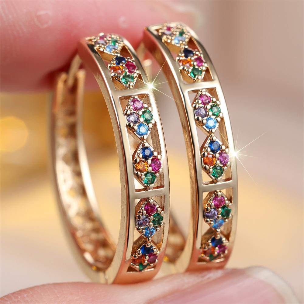 Kolorowe Kamienie Małe Okrągłe Kolczyki Koła z Cyrkoniami w Kolorach Tęczy Dla Kobiet Złoty Kolor Vintage Klamra do Ucha Biżuteria Ślubna Prezent na Walentynki