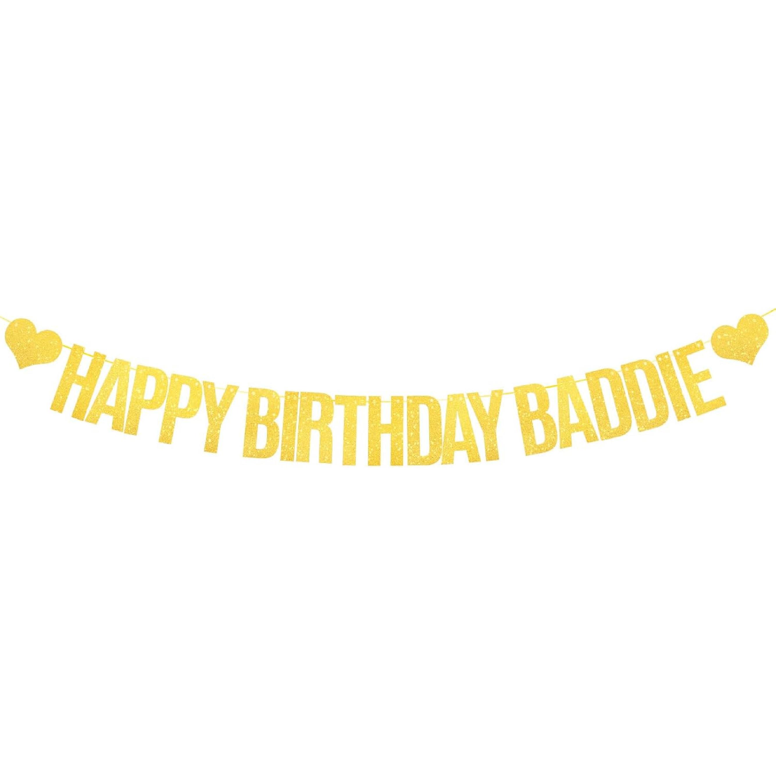 Black Glitter Happy Birthday Baddie Banner - Perfect for Adult Birthday Celebration, Friend Gathering, Trendy Decor золотой