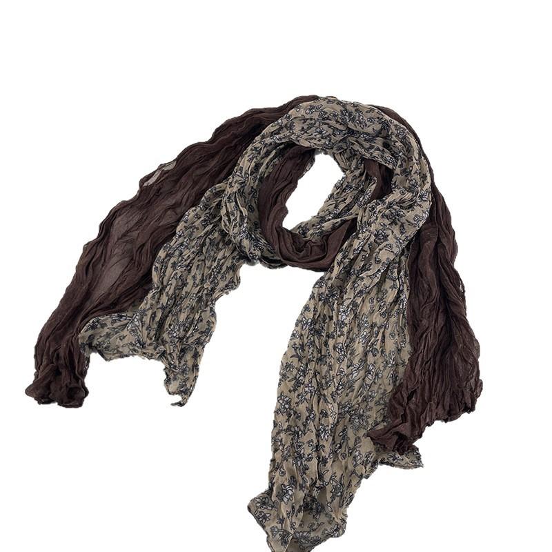 Ethnic Style Pleated Floral Long Scarf Women Korean Retro Thin Shawl Fashionable Temperament Color Blocked Silk