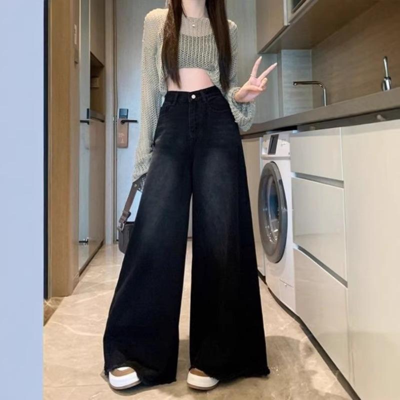 [New Casual Versatile Black Large Trousers Loose Rough Edge Wide Leg Jeans Women's Wide Leg Pants