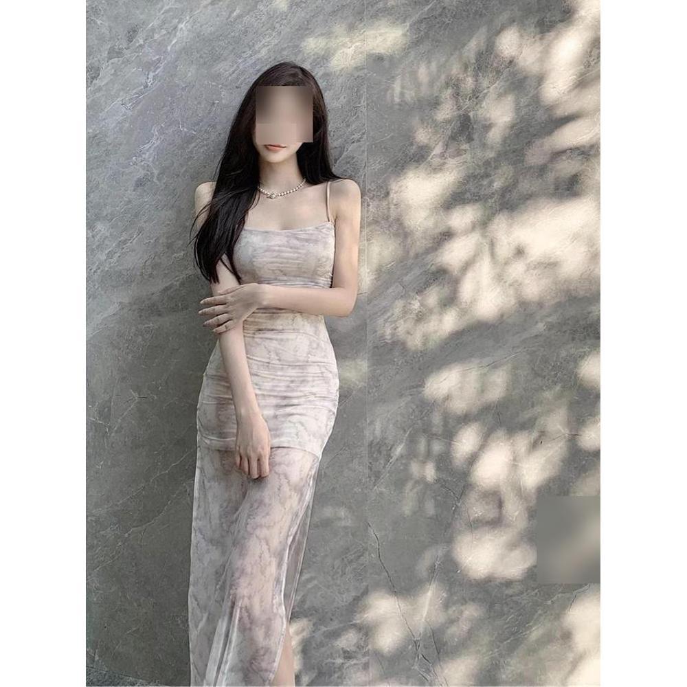 Slip Dress Women's Summer Slim and Slim Temperament, Unique Mesh Tie-dye Slit Hip Skirt