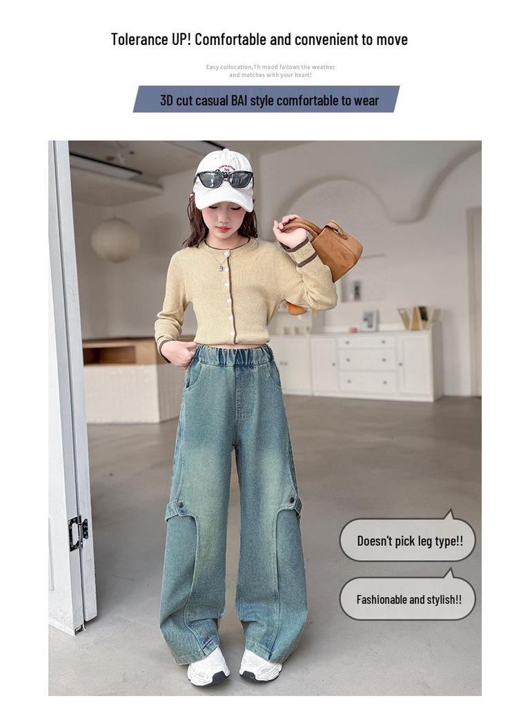 Herbst 2025 Mädchen Koreanischer Stil Webbing Jeans