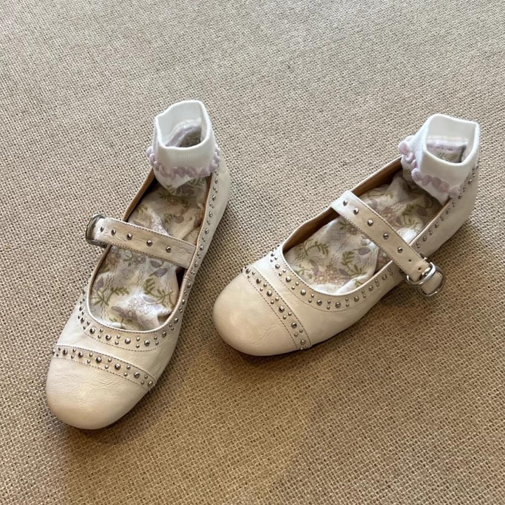 Sheepskin Version~ French Retro Rivet Mary Jane Women's Shoes Shallow Mouth One-word Buckle Single Shoes Versatile Flat Ballet Shoes