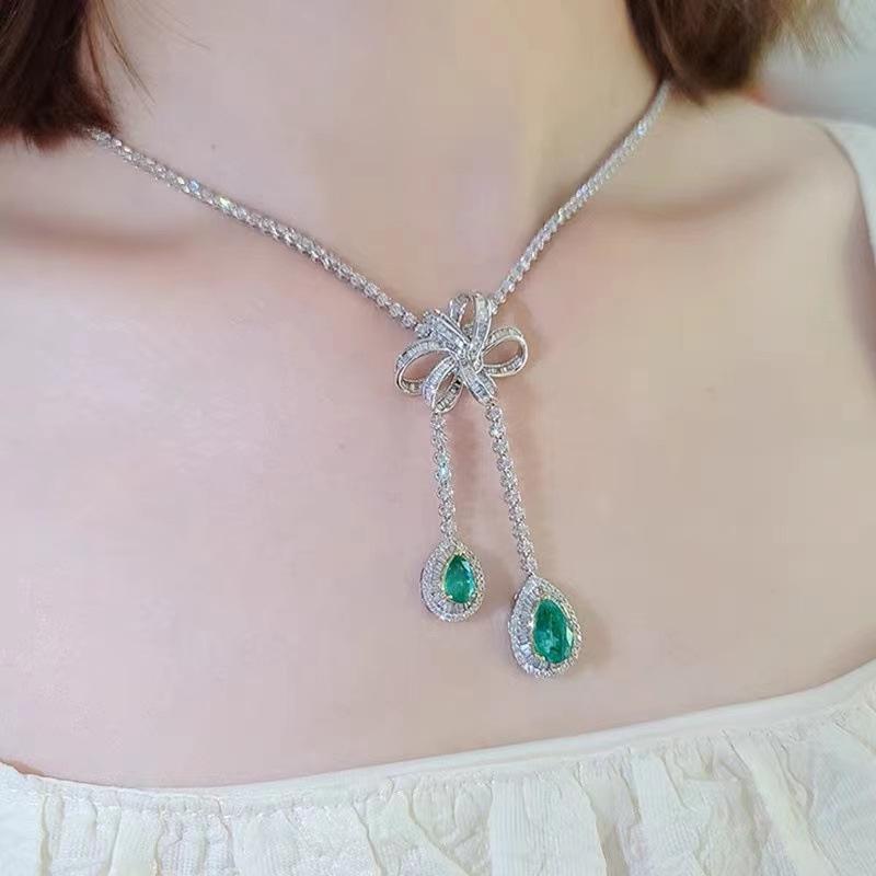 Exquisite Emerald Bow Tassel Necklace - Women s Colorful Gem Clavicle Chain
