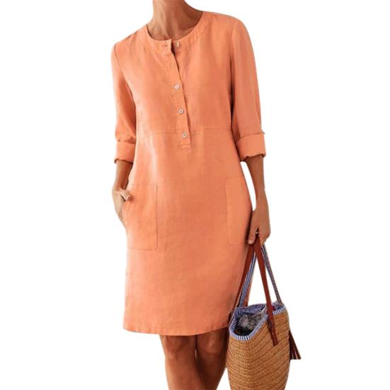Casual Women Loose Solid Color Buttons Cotton Linen Long Sleeve Midi Dress