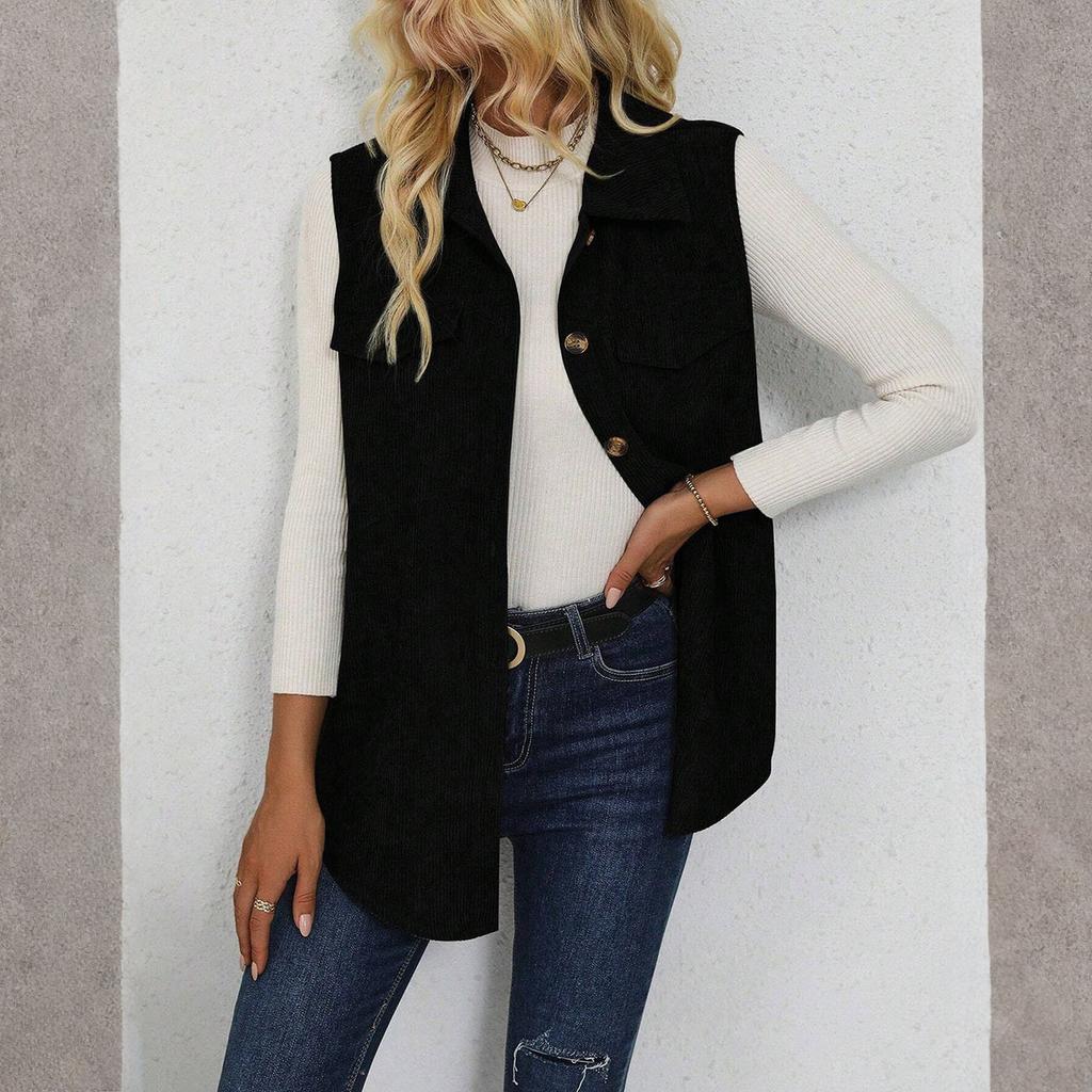 Vestă de damă la modă, de culoare uni, cu guler și cardigan, jachetă vestă fără mâneci casual pentru navetă