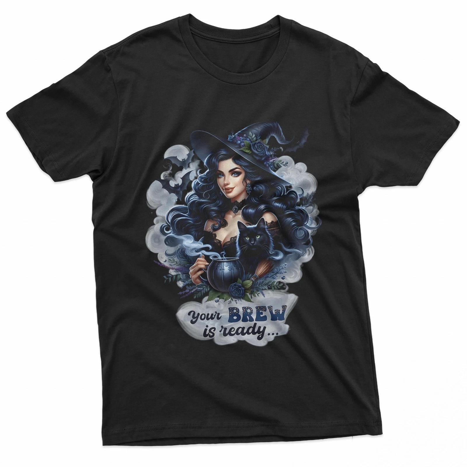 

Gothic Witch Your Brew Is Ready Black Cat 100% Cotton T-shirt Mens Tees Top L