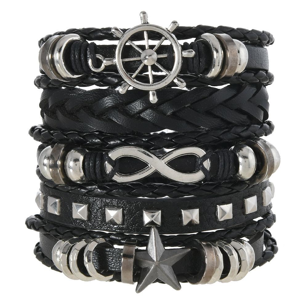 Men's Punk Skull Leather Bracelet Set Multi-Layer Gothic Rock Chain Bracelets Pentagram Charm Hip Hop Streetwear Badge Jewelry Accessories for Him