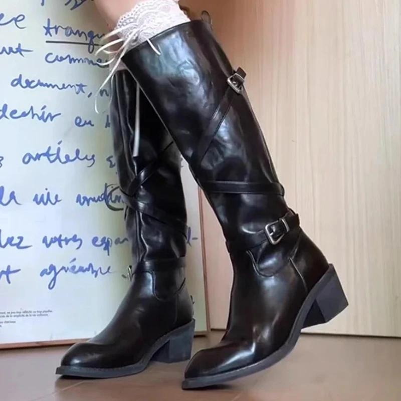 Women's Knee High Boots Mid Heels Fashion Buckle Shoes 2025 Winter Pumps Chelsea Boots New Walking Designer Trend Mujer Botas