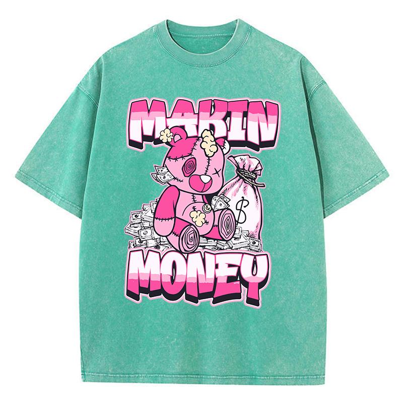 Street Women Washed T-Shirts Making Money Bear Printing Tops Comfortable Crewneck Cotton Oversize Tees Summer Clothes