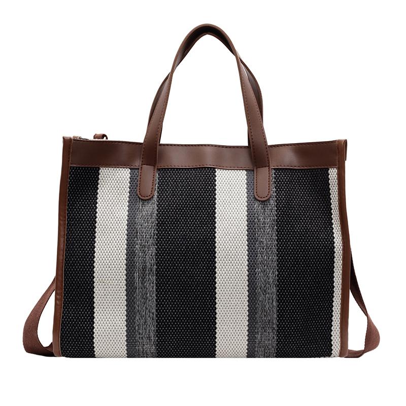 Large Capacity Canvas Bag Hand Carrying Student Class Crossbody Bag Striped Contrast Tote Bag