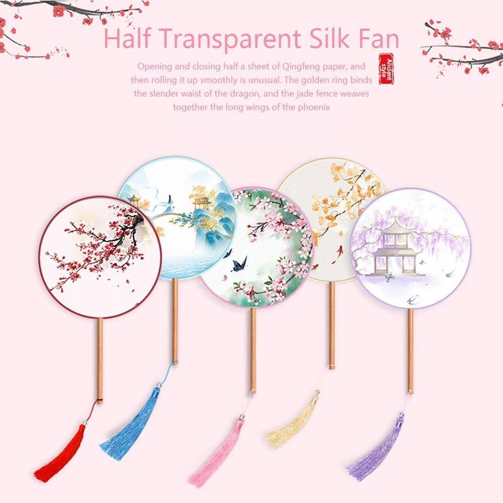 Half Transparent Ancient Style Fan Long Handle Vintage Printing Round Hand Fan Small Round Ink Painting Silk Fan