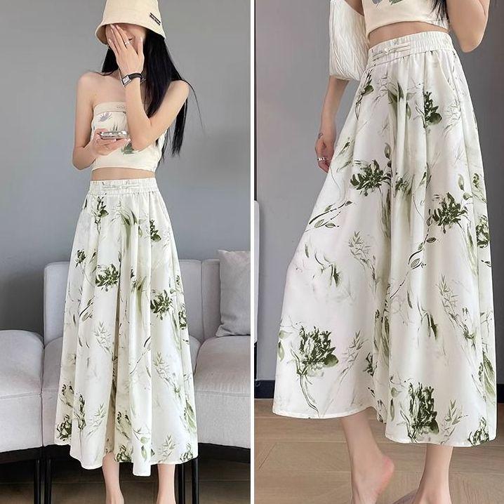 Women's High Waist Ink Print Ice Silk Wide-Leg Capri Pants - Summer 2025 Collection