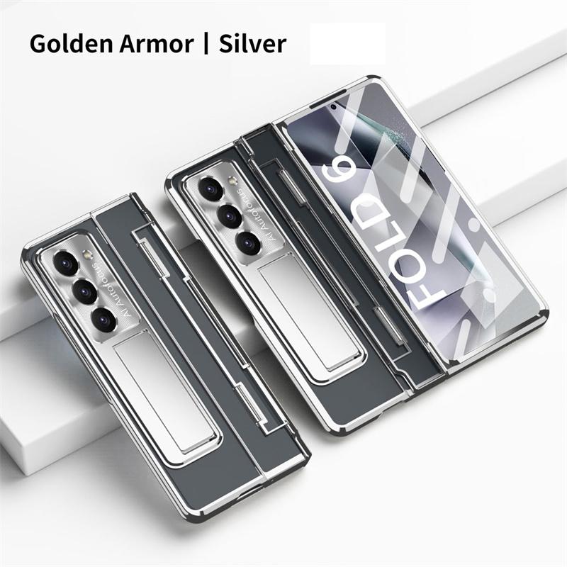 For Samsung Galaxy Z Fold 8 Ultra /7 6 5 4 3 Transparent Plating PC Hinge Protect Full Body Cover Stand Case With Tempered Glass