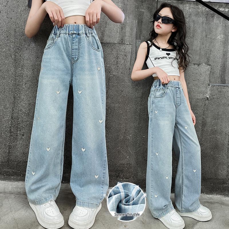 Girls' High-Waisted Embroidered Heart Loose Wide-Leg Jeans, Autumn 2026 Collection