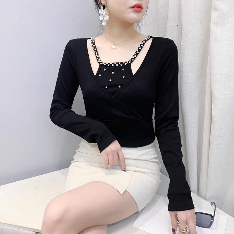 

New Spring Autumn Chic Square Collar Sexy Hollow Out Hot Diamonds T-Shirt Long Sleeve Women s Tees Fashion Sweet Female All Match Tops M чорний