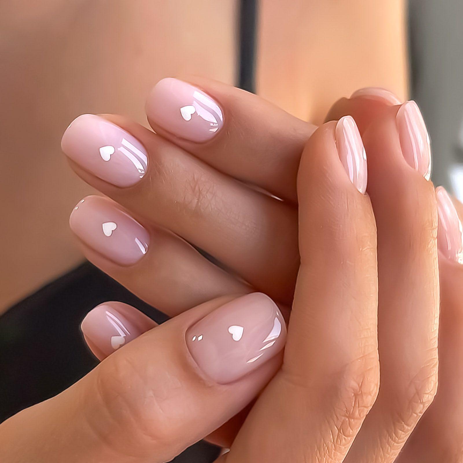 Gentle Nude Short Fake Nails with Heart Print Sweet & Charming Reusable False Nails for Shopping Traveling Dating A