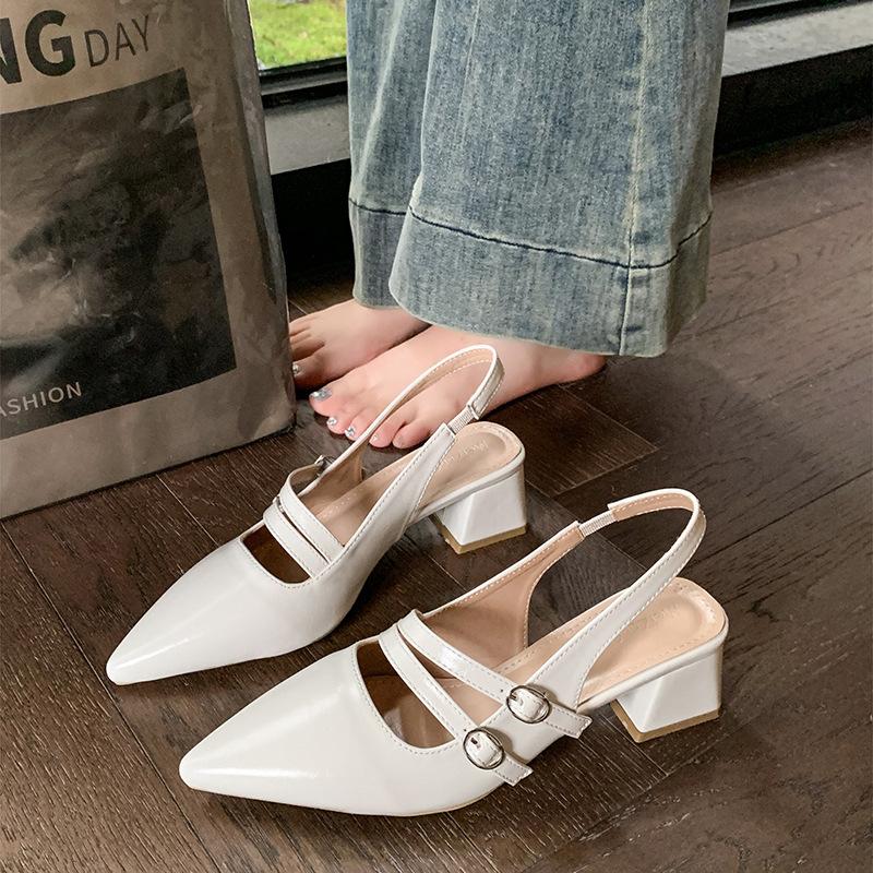 

French thick heel pointed back empty single shoes women s 2025 spring and summer new temperament one-word buckle strap medium heel bag head sanda 35