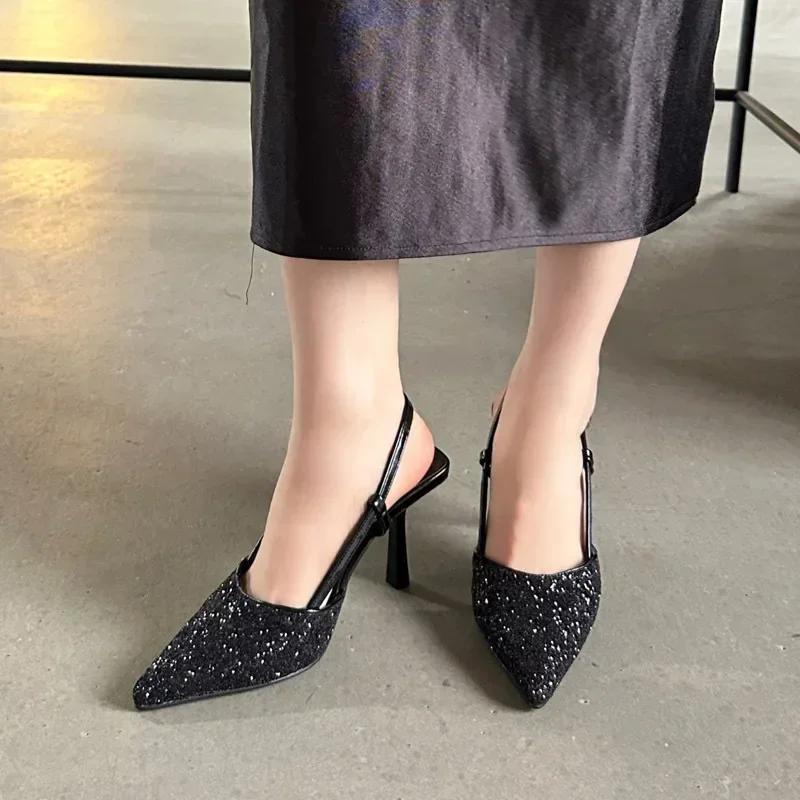 2025 Luxury Bling Design Mules Sandals Women Sexy Pointed Toe Thin High Heels Summer Back Strap Banquet Dress Shoes Women Pums