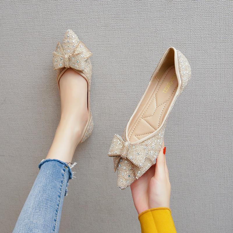 

Летние женские туфли на плоской подошве с бантом и стразами, размеры 41-43 (2025 Новый) 40 абрикосовый
