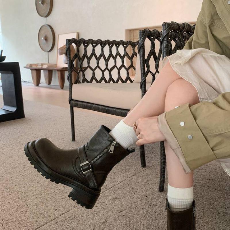 New leather black Martin boots side zipper thick-soled non-slip low boots versatile medium heel round head large size Martin boots