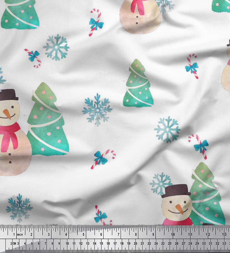 

Тканина Soimoi Blue Japan Crepe Satin Snowman & Tree Christmas Print Тканина на метр 42 дюйма 42 Inch Wide - Poly Crepe білий