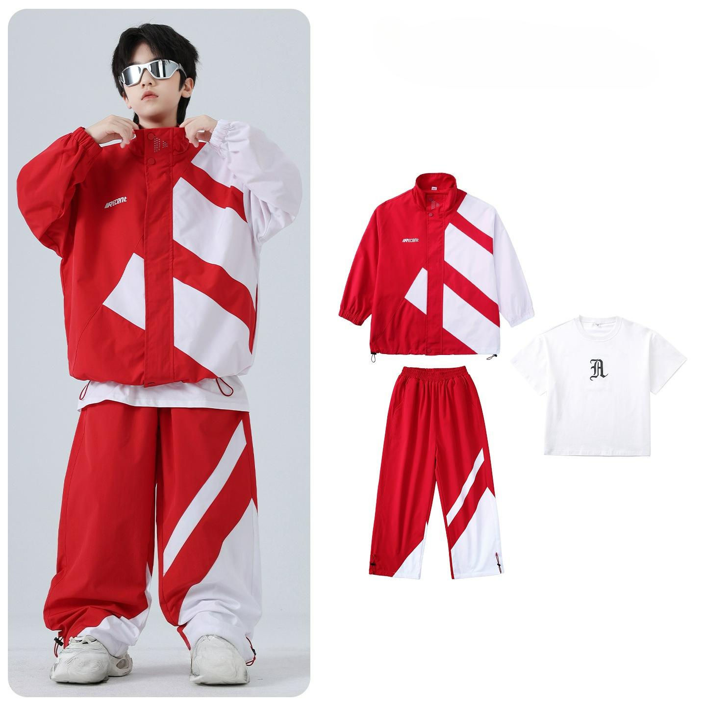 

Детская хип-хоп трендовая одежда для мальчиков и девочек, китайские красные хип-хоп костюмы, одежда для выступления на церемонии открытия, одежда для занятий 110