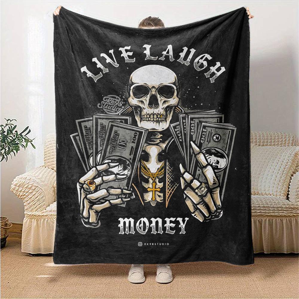 1pc Skull Money Throw Blanket Soft Flannel, Cozy All Season Polyester Perfect for Home, Office