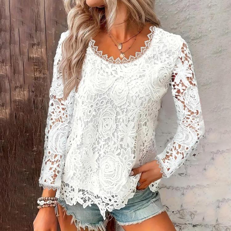 Square Neck Lace Long Sleeves Top Women Solid Fashion