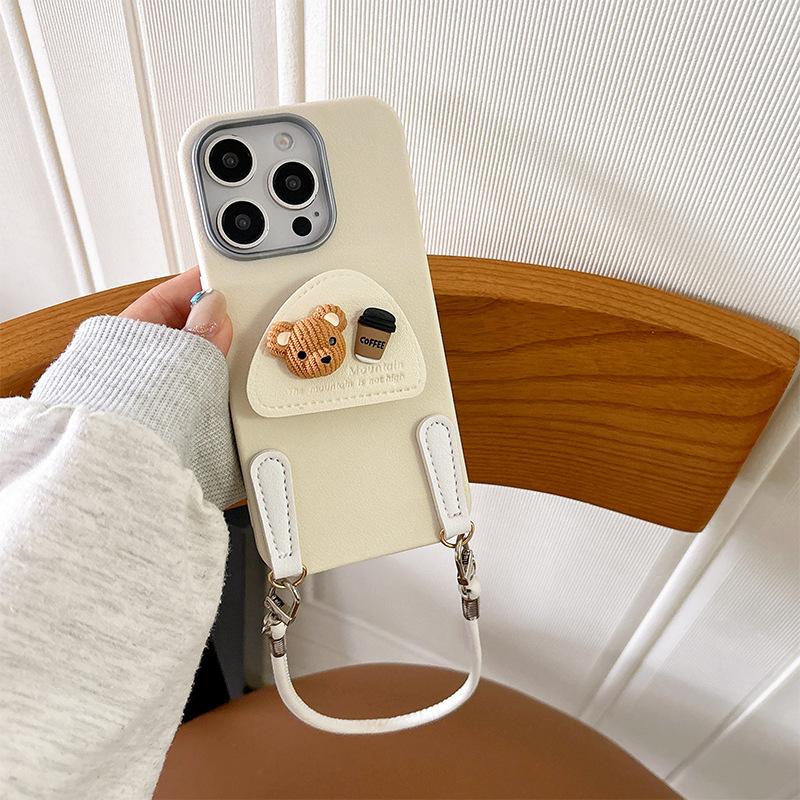 Coffee Bear Airbag Bracket Phone Case for IPhone 16 Promax Phone Case for Apple 15 Handheld Rope 17