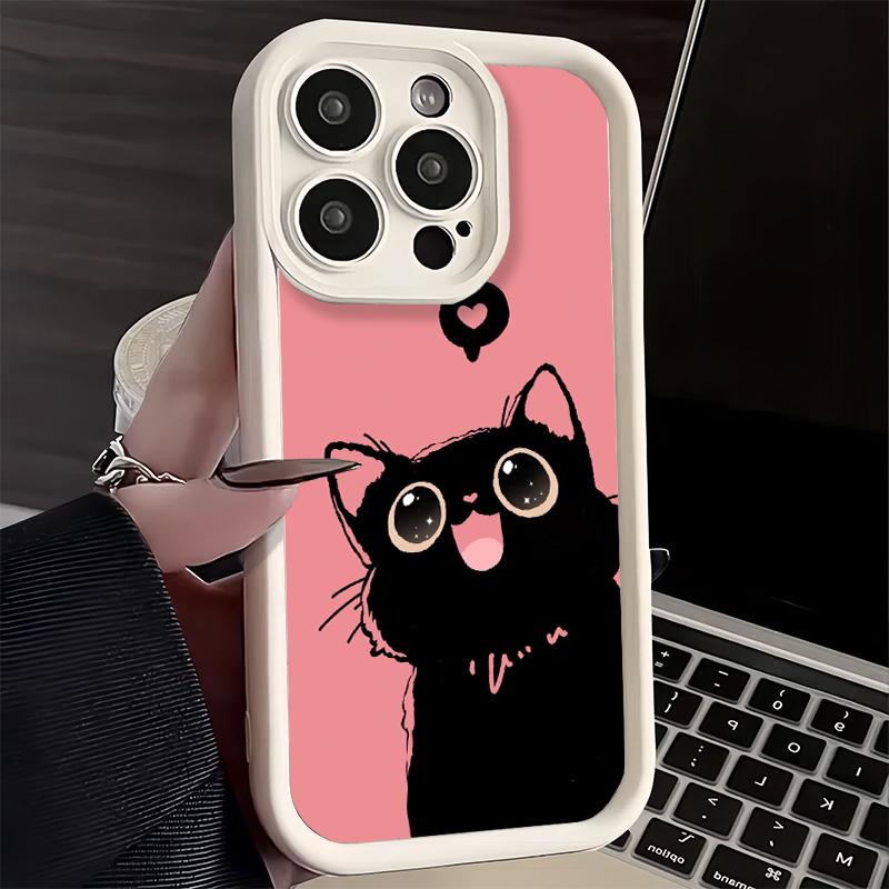 Phone Case for iPhone 17 Air 16E 15 16 Pro Max Black Cat Cartoon Cute Cover 14 Plus 13 12 Mini Soft Shell Silicone Fundas