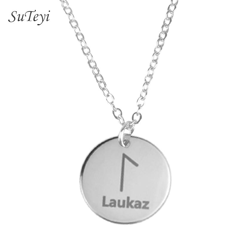 Round 25 Rune Letter Pendant Necklace Silver Color Stainless Steel Disc Viking Necklaces For Women Men