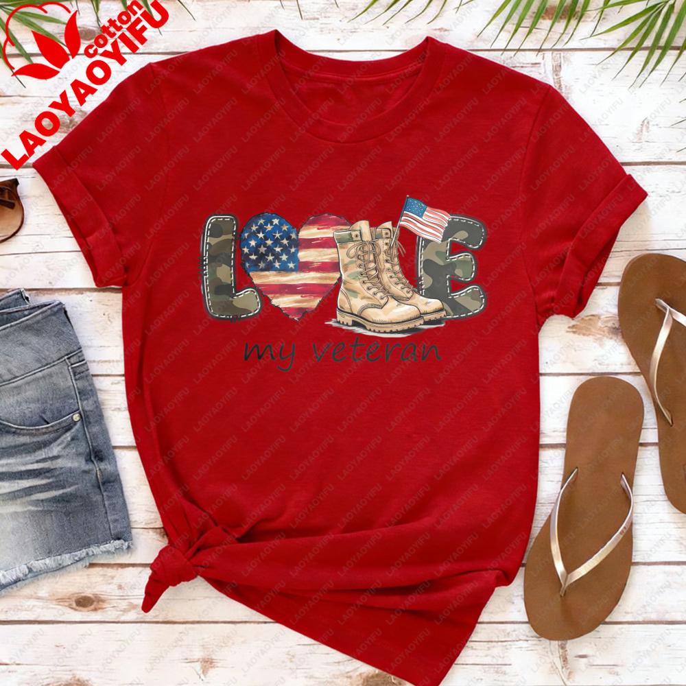 Love My Veteran Shirt Patriotic American Flag Tees Vintage Print Women Clothes Round Neck Tshirt Veteran Creative Gift