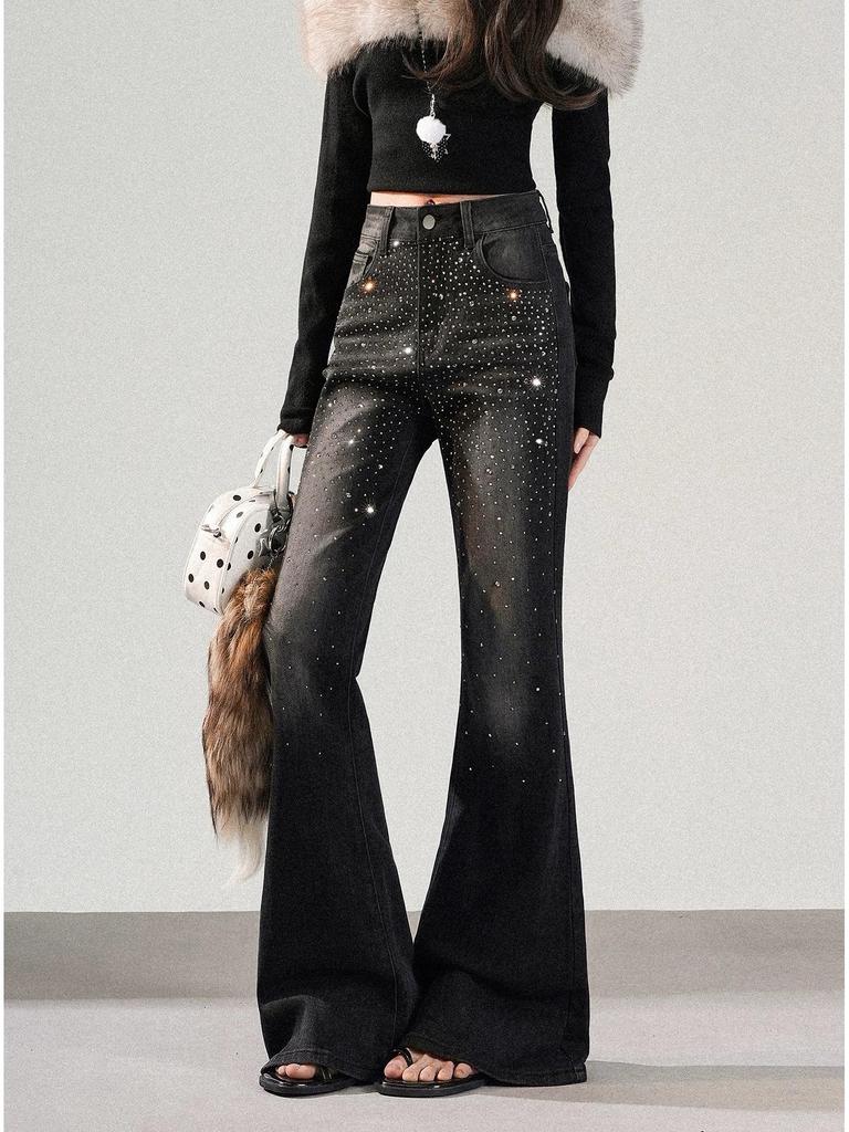 Women's Retro Rhinestone Star Denim Flare Pants